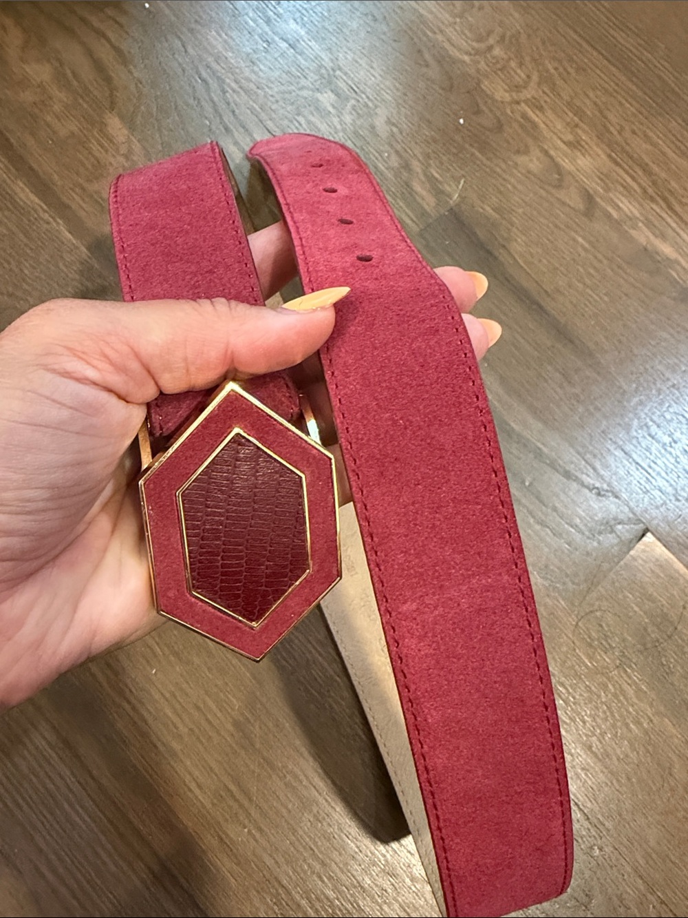 Vince Camuto Red Suede Hexagon Buckle Belt